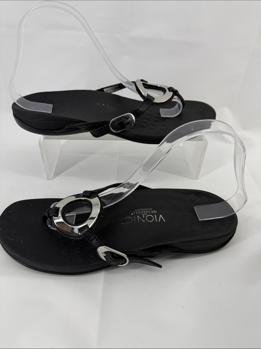 Vionic Black Sandals with Silver Ring Accents